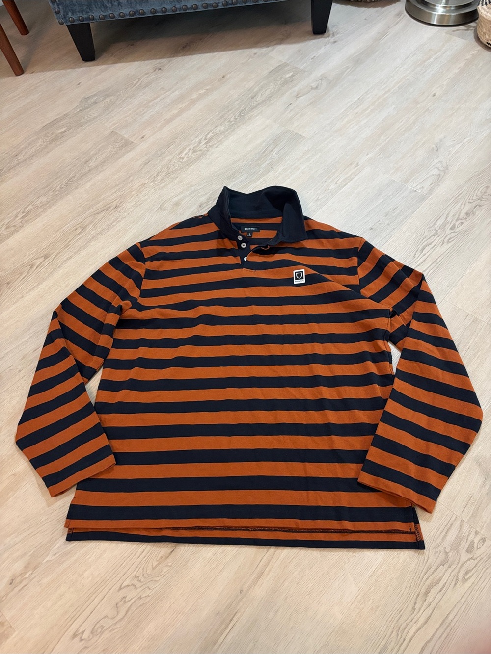 Brixton Beta Rugby Long Sleeve Polo Shirt burnt Orange Blue Striped Men's Size L
